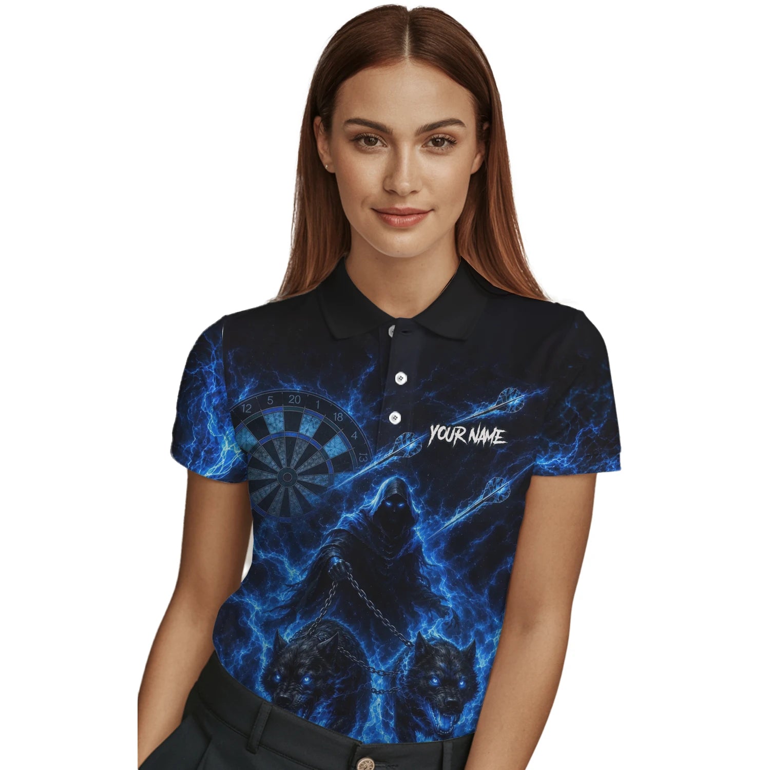Personalised Black & Blue Grim Reaper and Wolves Darts Shirt For Women X871