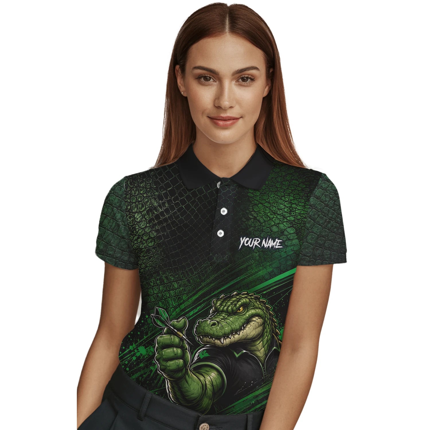 Personalised Black & Green Crocodile Darts Player Shirt For Women I987