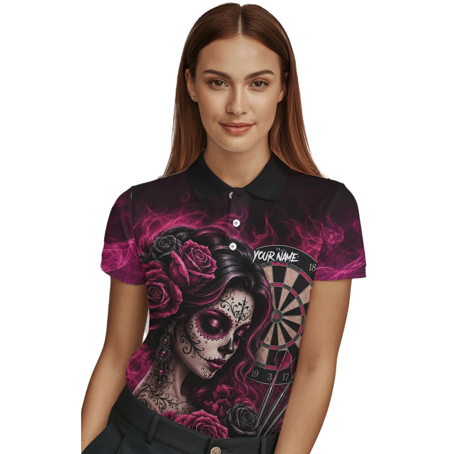 Personalised Black & Pink Sugar Skull Roses Darts Shirt For Women Z109