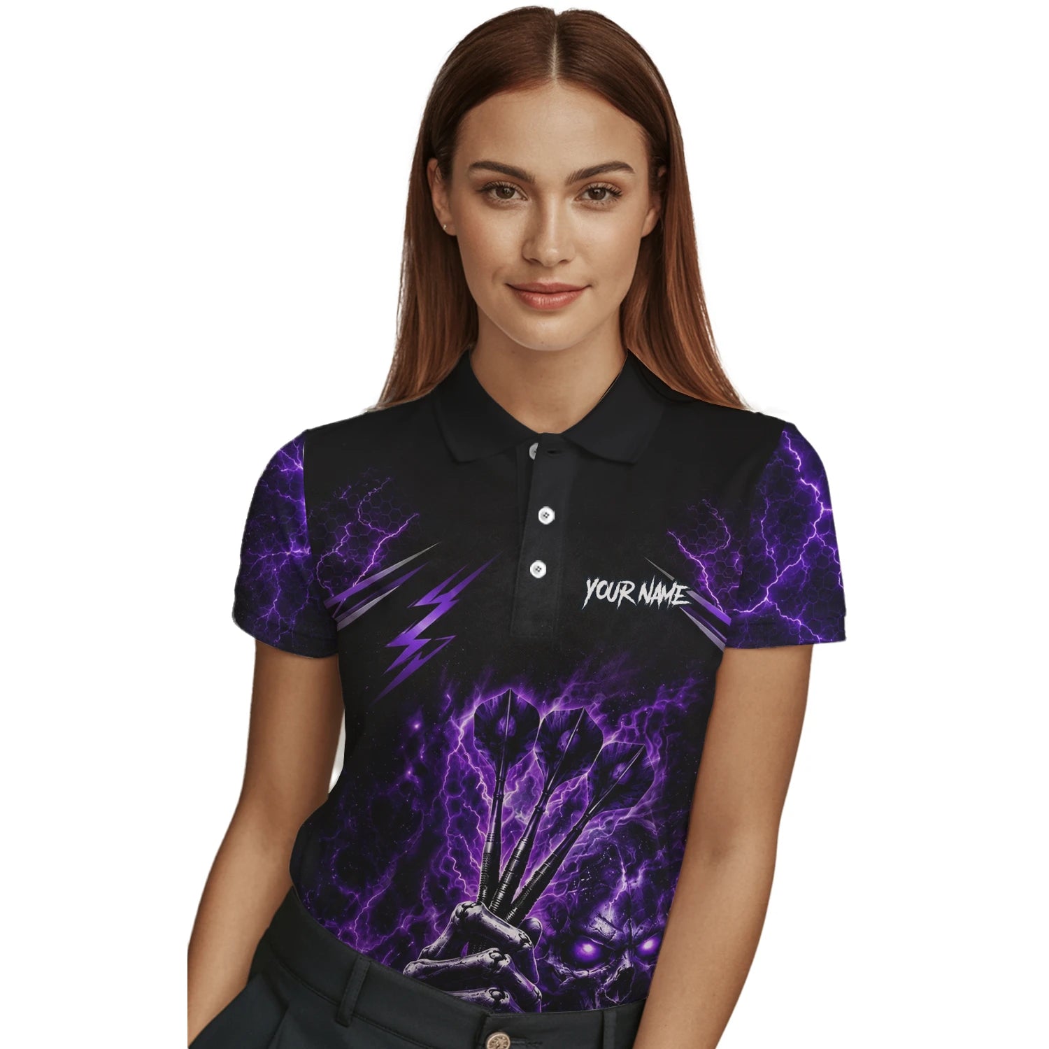 Personalised Black & Purple Lightning Skeleton Hand Darts Shirt For Women H822