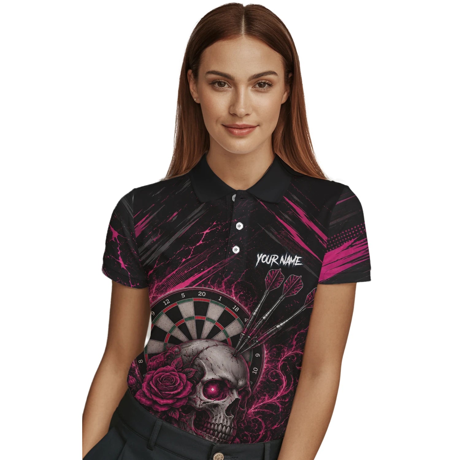 Personalised Black & Pink Skull and Roses Darts Shirt For Women V308