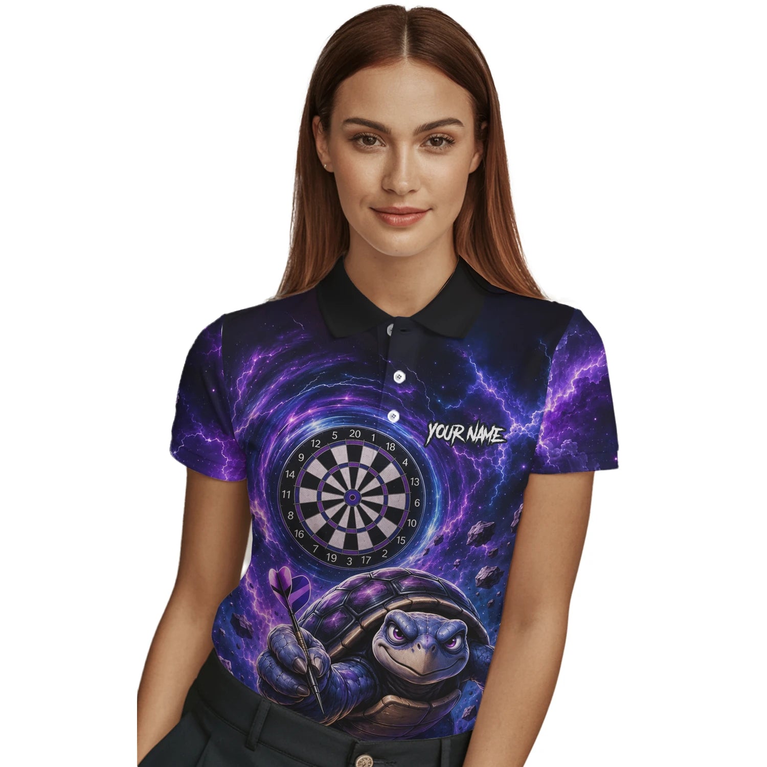 Personalised Purple & Black Turtle Playing Darts Shirt For Women F796