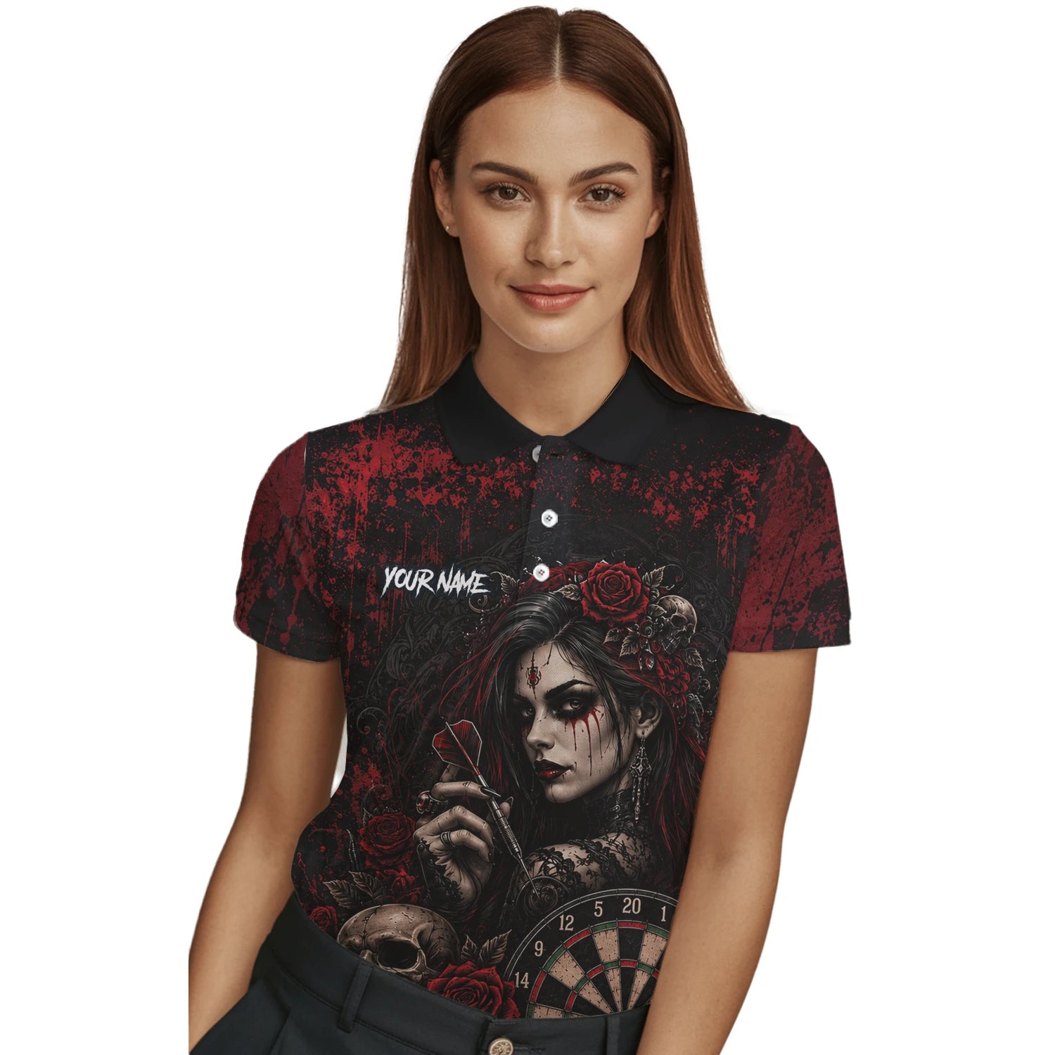 Personalised Black & Red Gothic Woman Skull Darts Shirt For Women W035