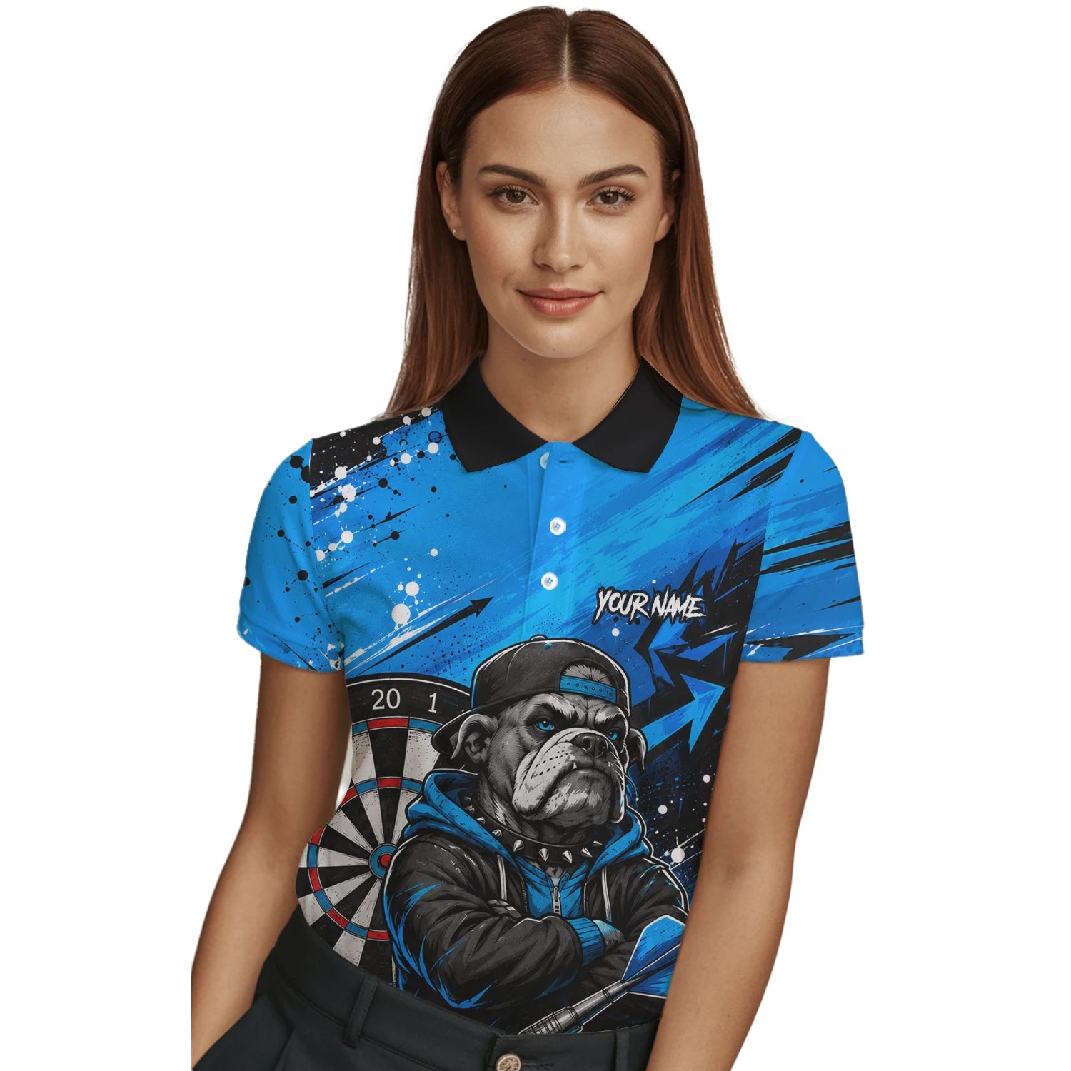Personalised Blue & Black Bulldog Darts Shirt For Women D529