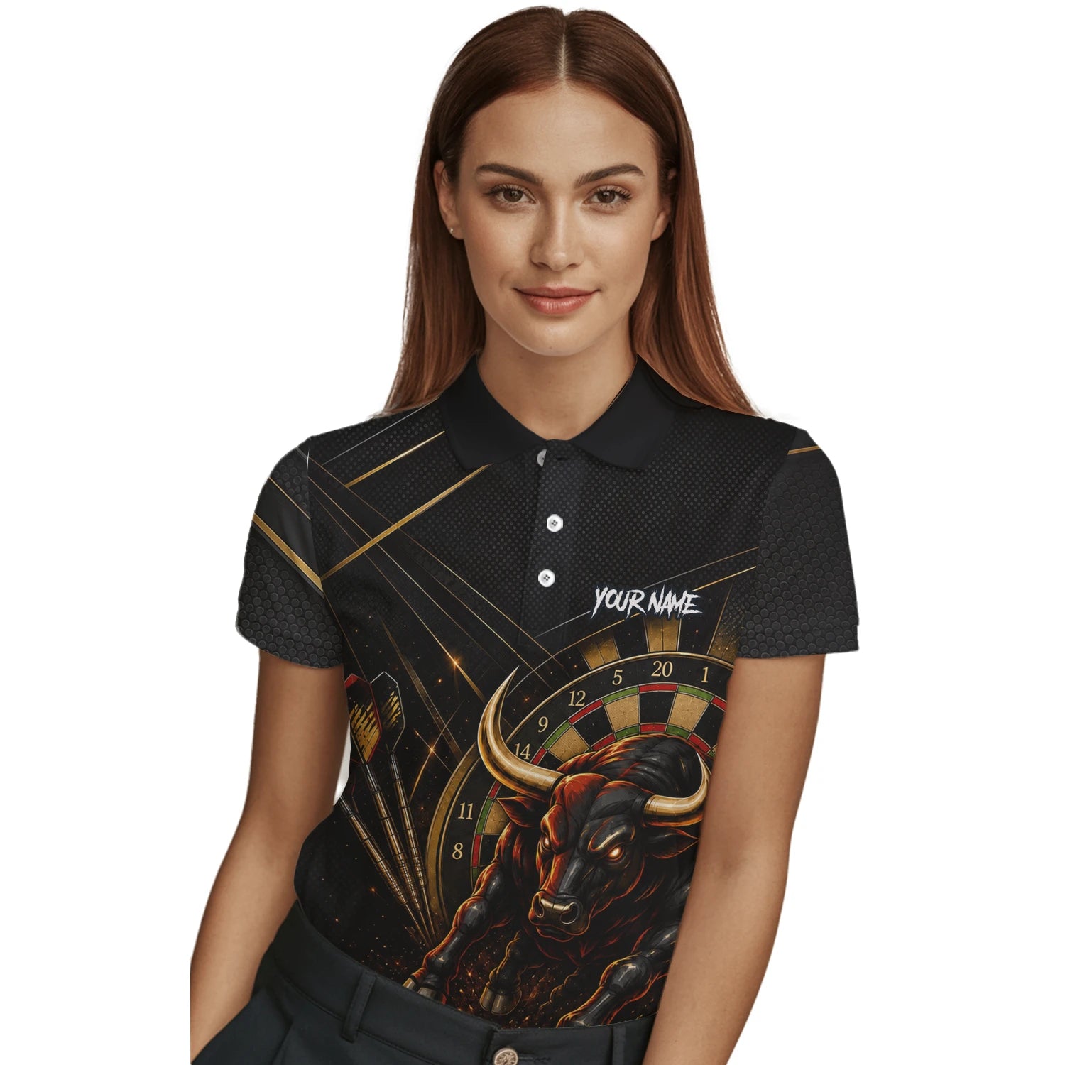 Personalised Black & Gold Bull Darts Polo Shirt For Women K607