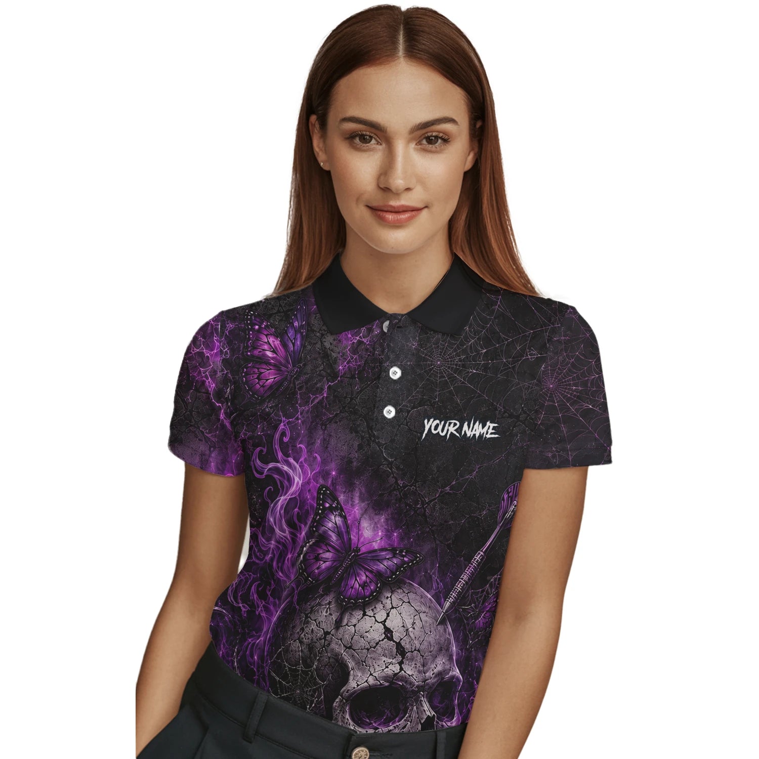 Personalised Black & Purple Skull Butterfly Darts Shirt For Women Q241