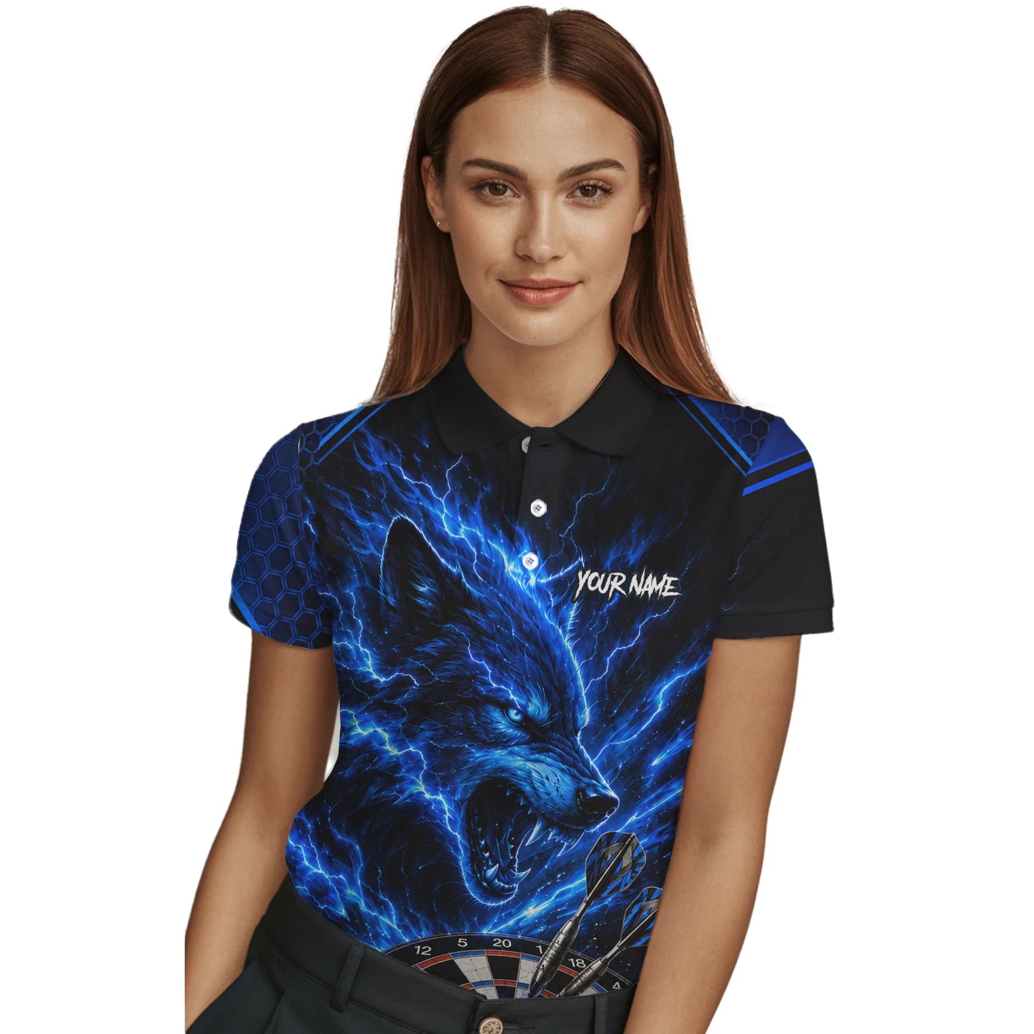 Personalised Black & Blue Wolf Lightning Darts Shirt For Women Y375