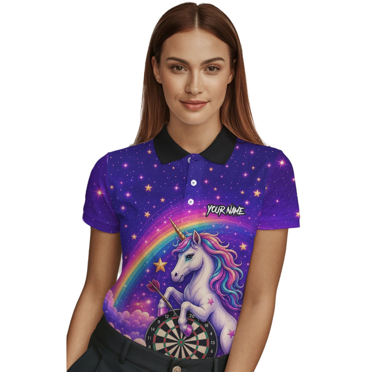 Personalised Rainbow Unicorn Darts Polo Shirt For Women V221