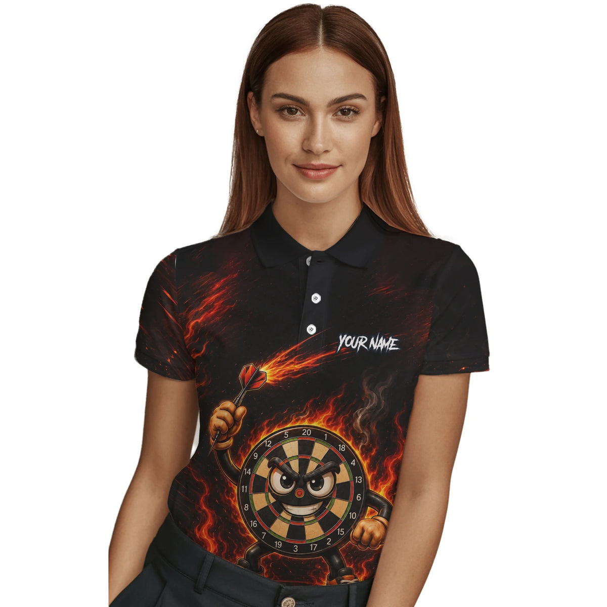 Personalised Black & Red Fiery Dartboard Character Darts Shirt For Women W224