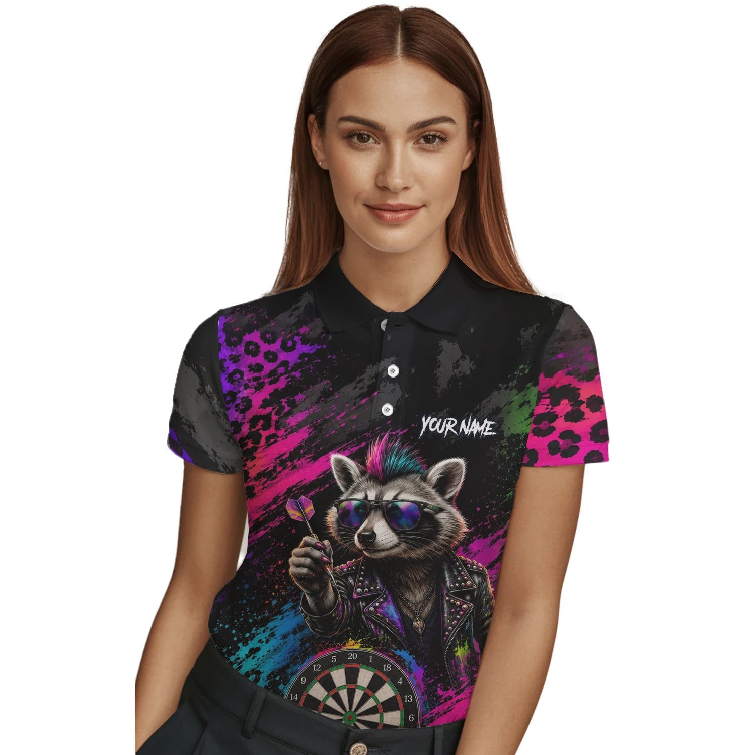 Personalised Black Multicolour Punk Raccoon Dartboard Darts Shirt For Women E164