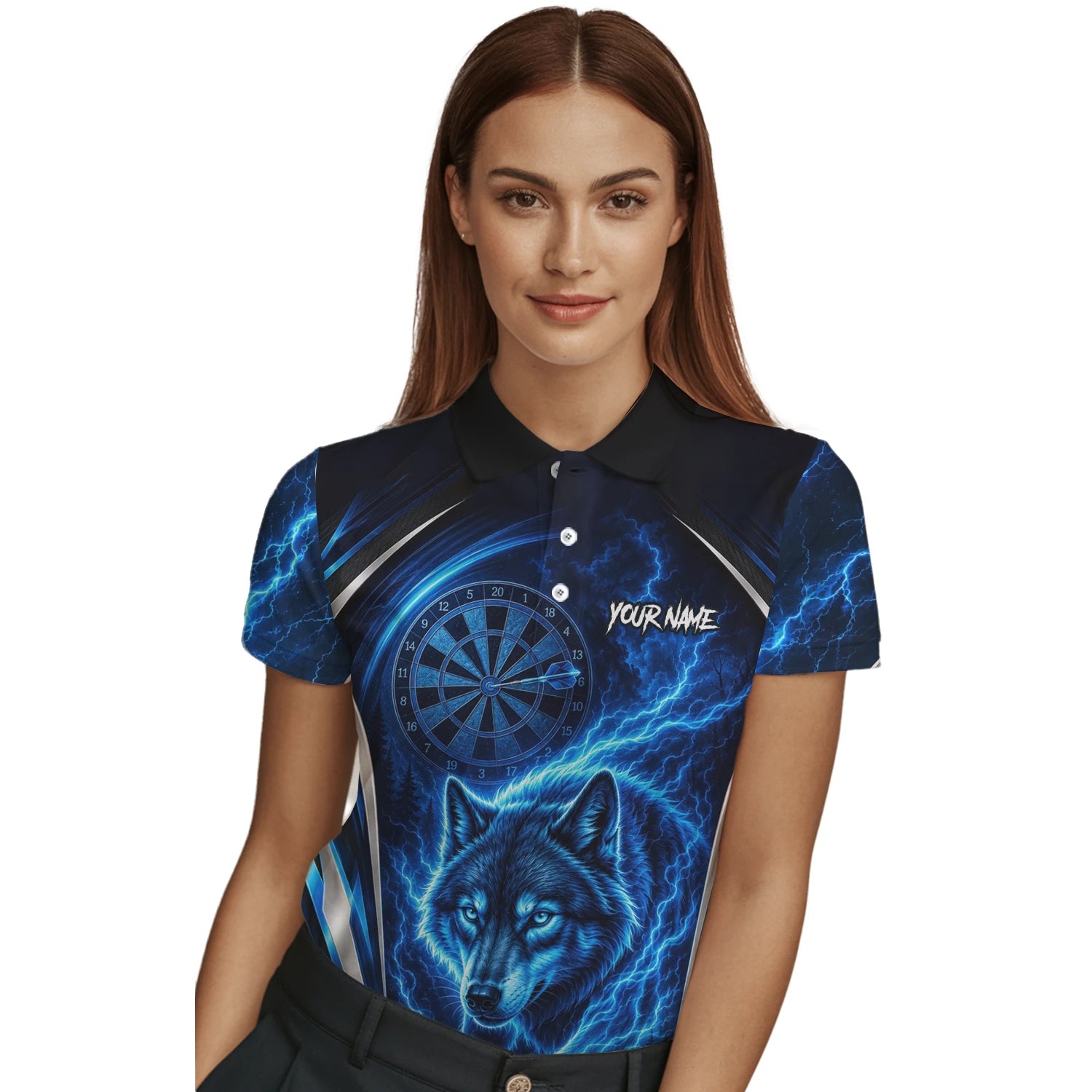 Personalised Black & Blue Wolf Lightning Darts Shirt For Women X929