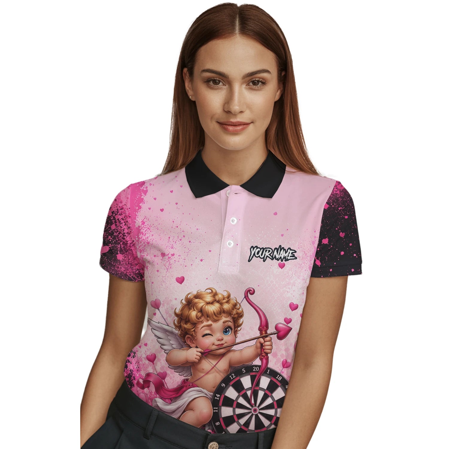 Personalised Pink & Black Cupid Dartboard Darts Shirt For Women I643