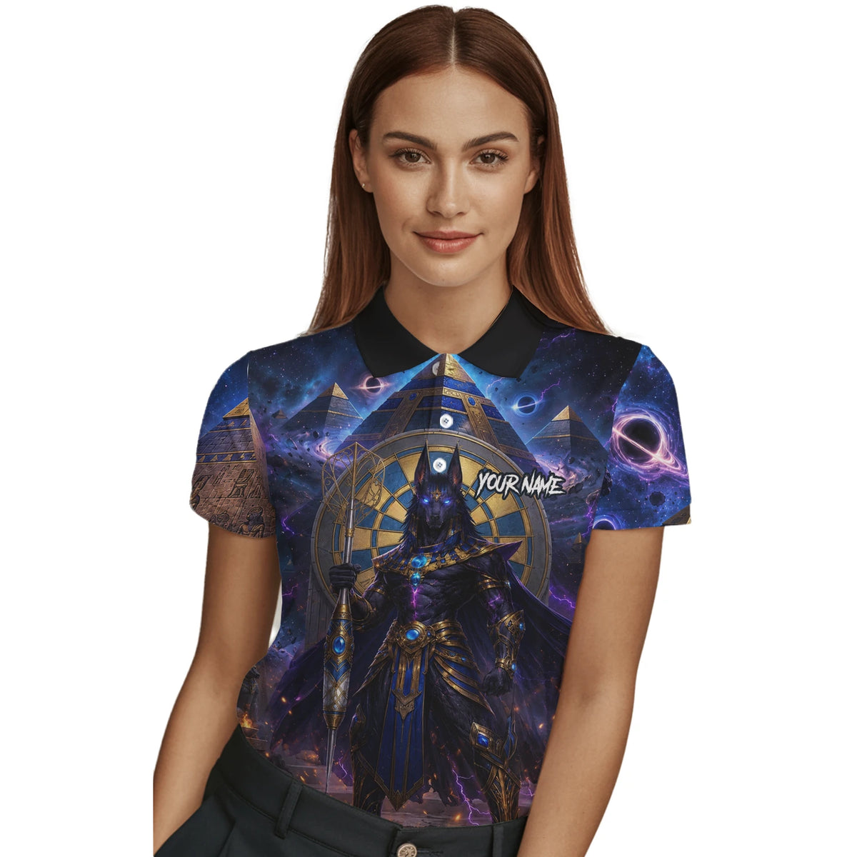 Personalised Blue Gold & Black Anubis Darts Shirt For Women N118