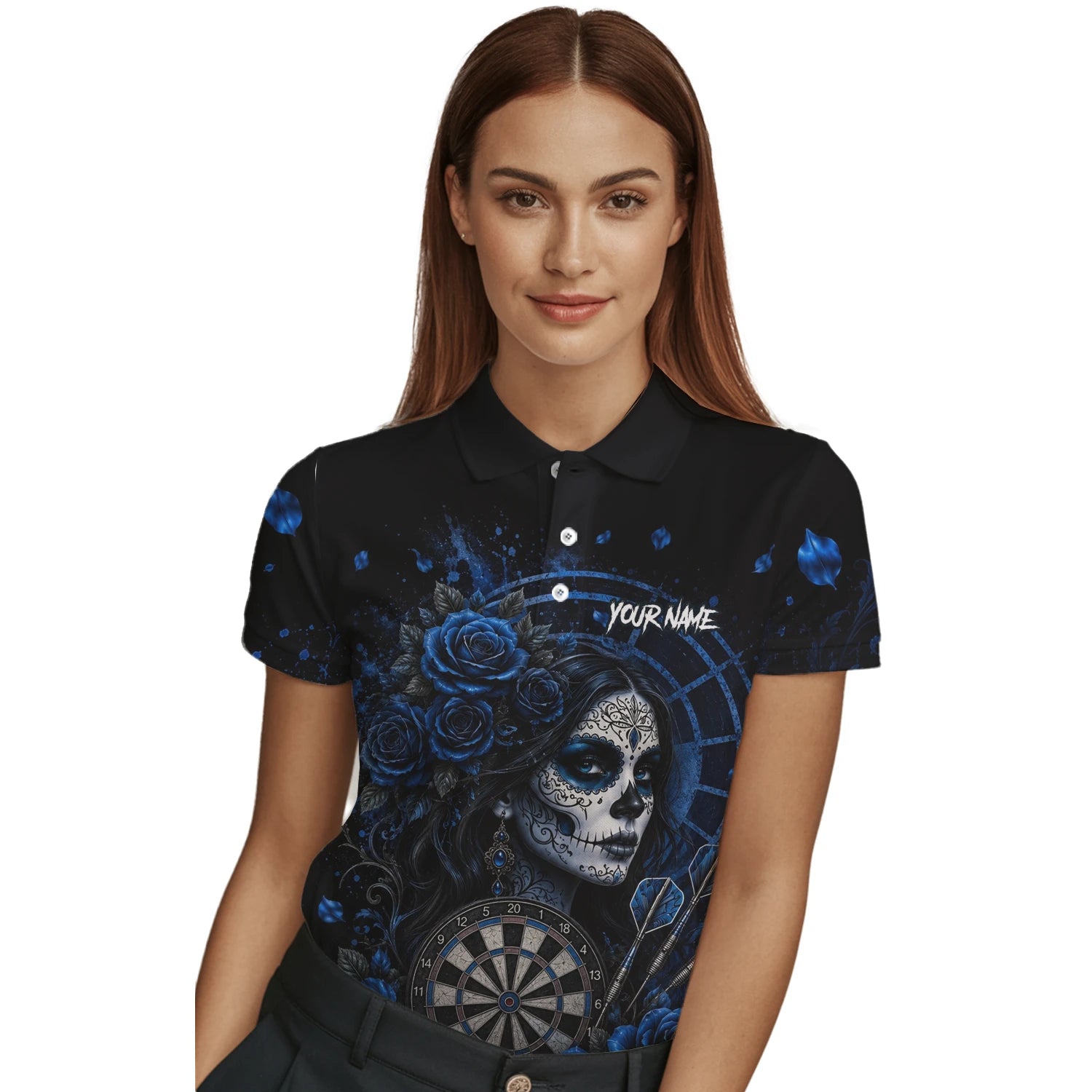 Personalised Black & Blue Sugar Skull Roses Darts Shirt For Women I884