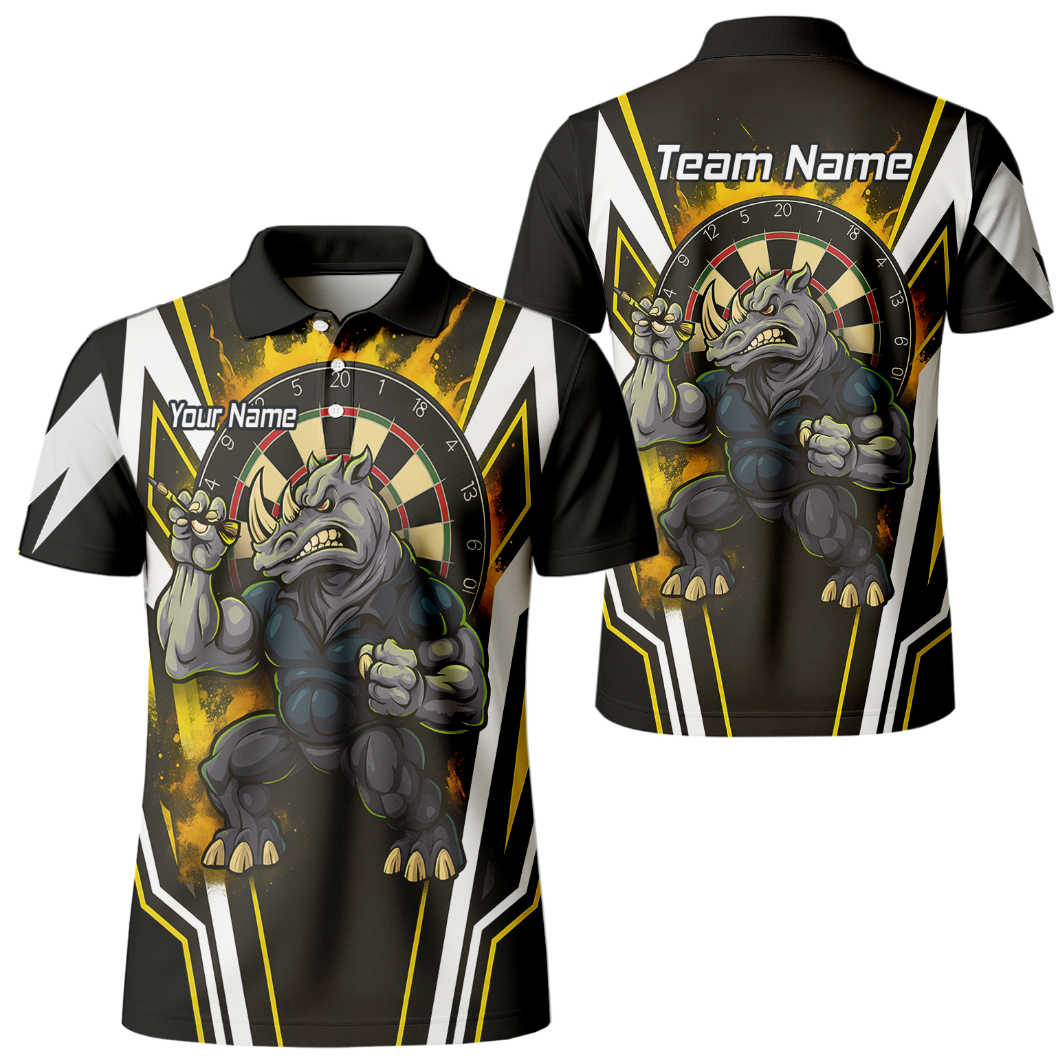 Custom Aggressive Rhino Darts Polo Shirt Black Gold White For Men U9140 main image - polo No