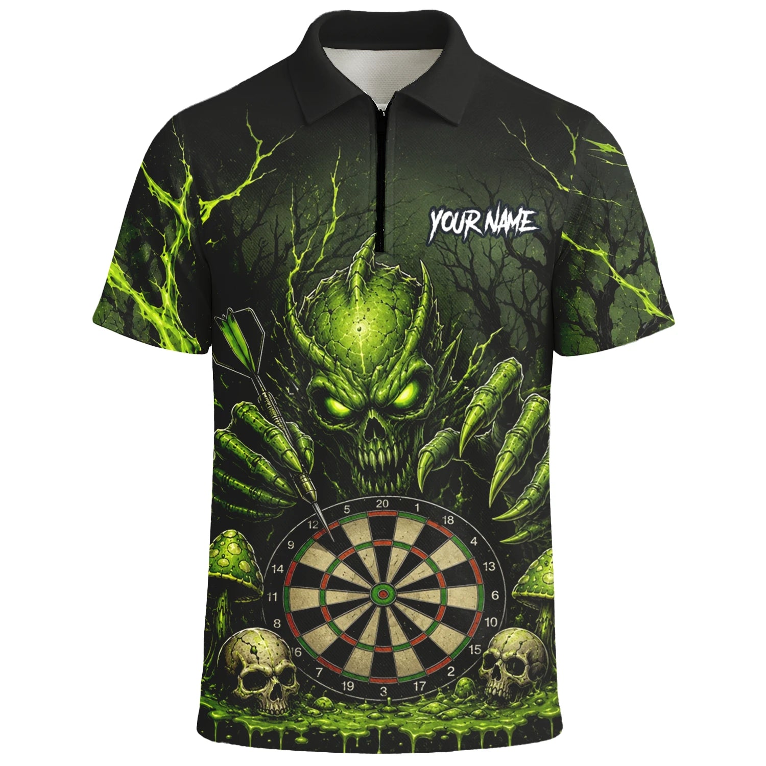 Personalised Black Green Monster Skull Dartboard Darts Shirt For Men A277