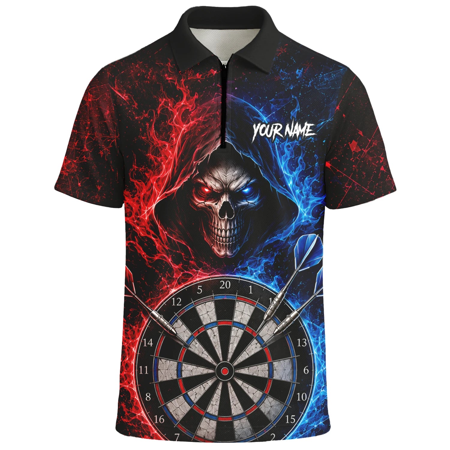 Personalised Red & Blue Split Skull Darts Polo Shirt For Men L857