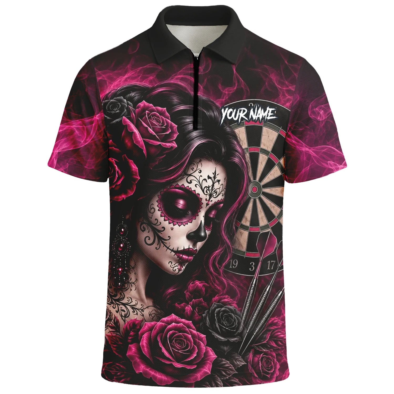 Personalised Black & Pink Sugar Skull Roses Darts Shirt For Men Z109