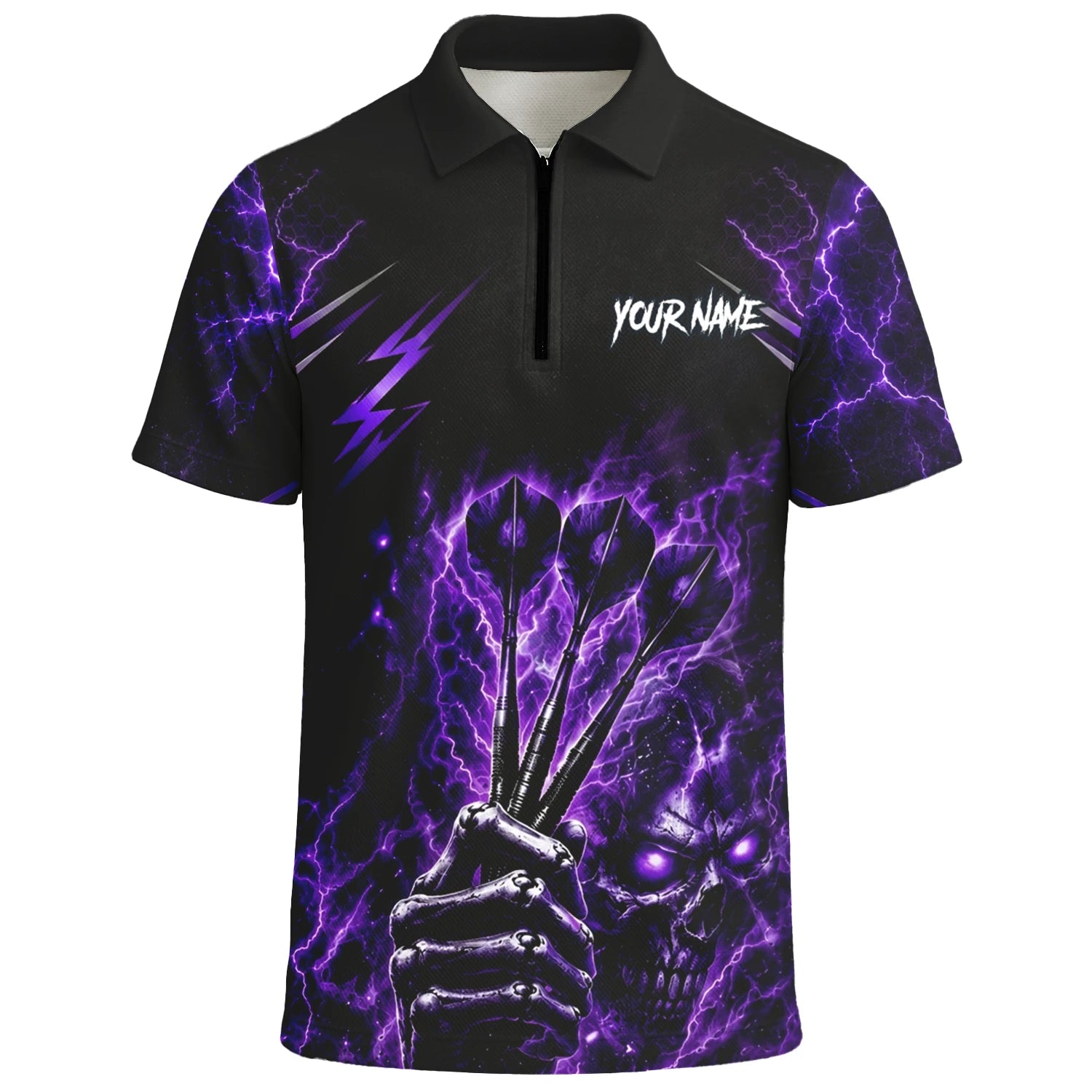 Personalised Black & Purple Lightning Skeleton Hand Darts Shirt For Men H822