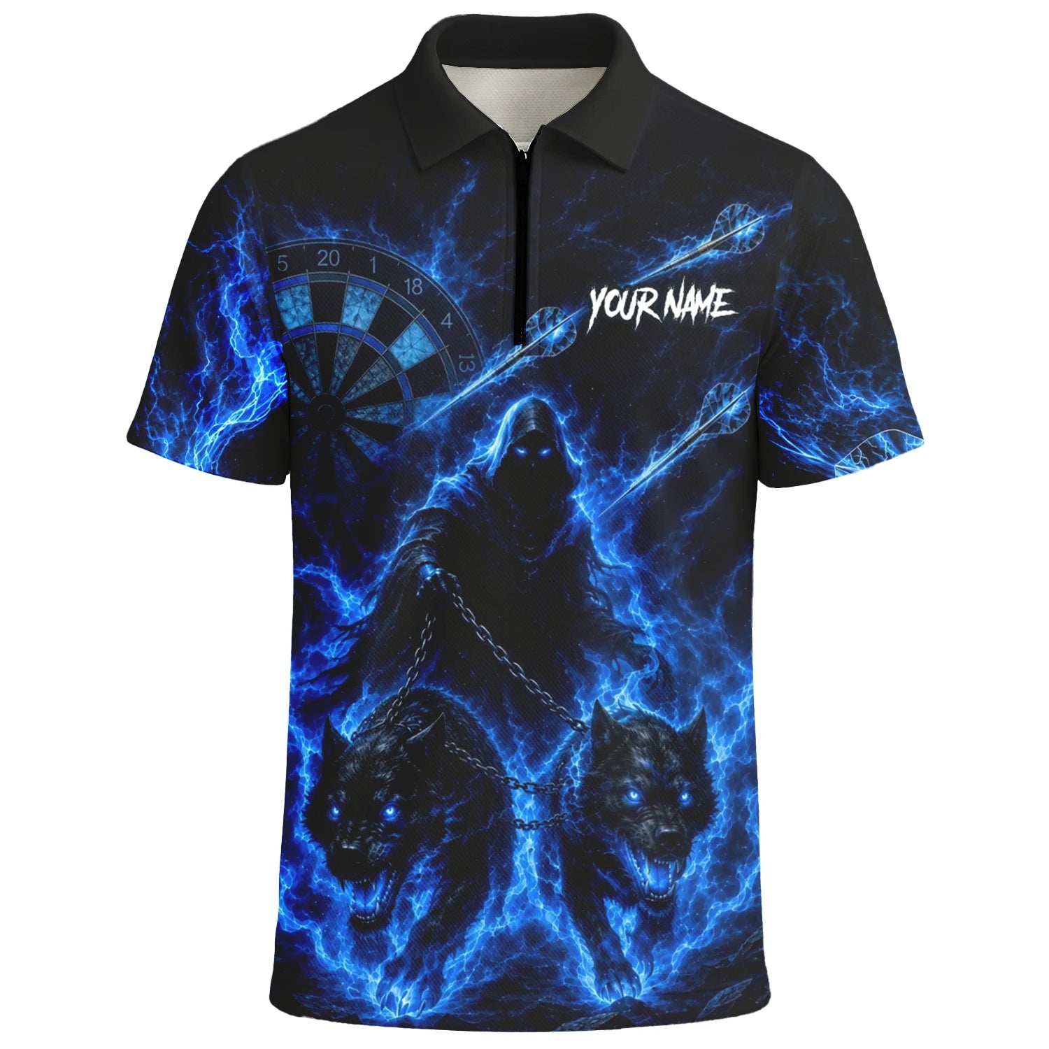 Personalised Black & Blue Grim Reaper and Wolves Darts Shirt For Men X871