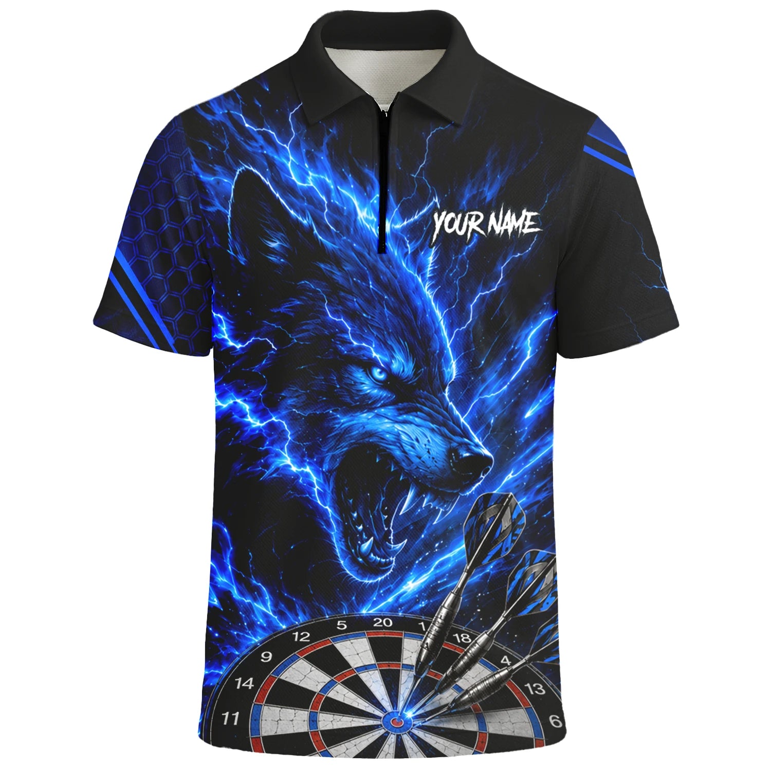 Personalised Black & Blue Wolf Lightning Darts Shirt For Men Y375