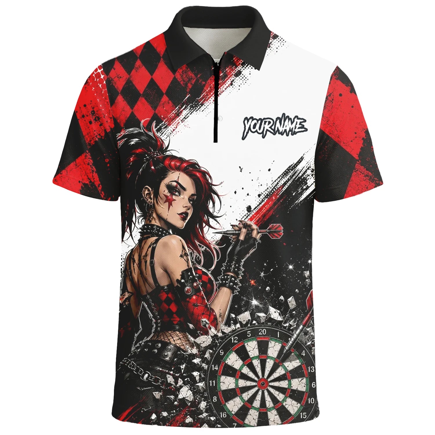 Personalised Red & Black Gothic Harlequin Darts Polo Shirt For Men K572