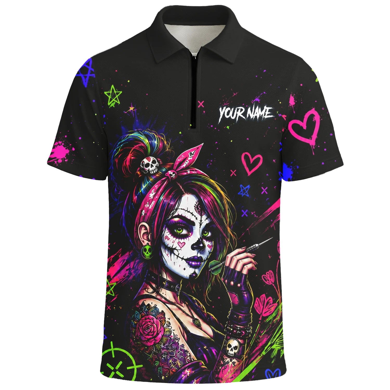 Personalised Black Neon Sugar Skull Woman Darts Shirt For Men K745