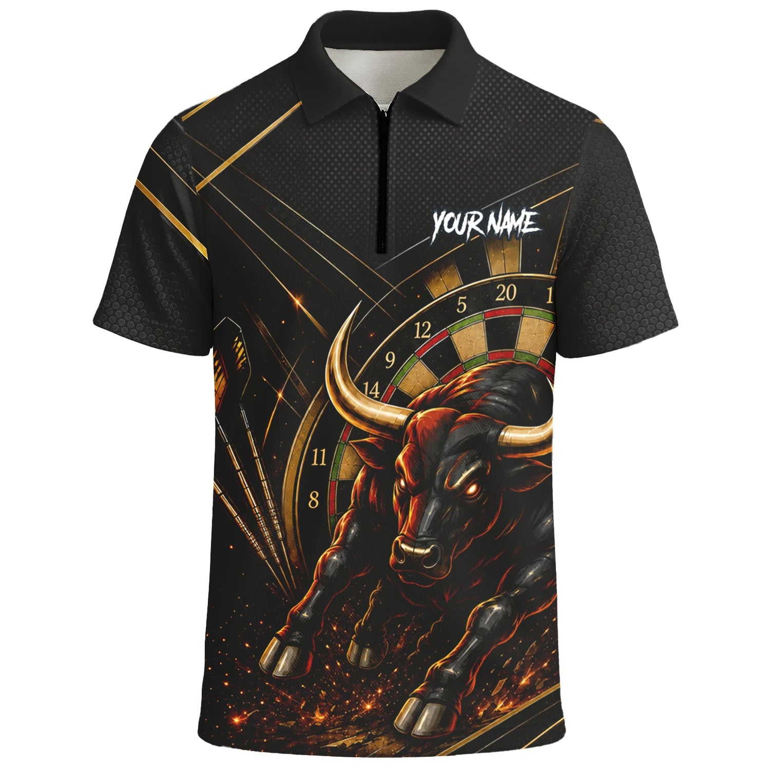 Personalised Black & Gold Bull Darts Polo Shirt For Men K607