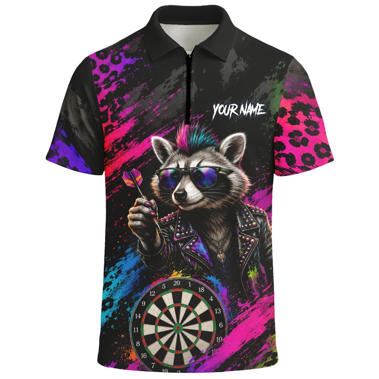 Personalised Black Multicolour Punk Raccoon Dartboard Darts Shirt For Men E164