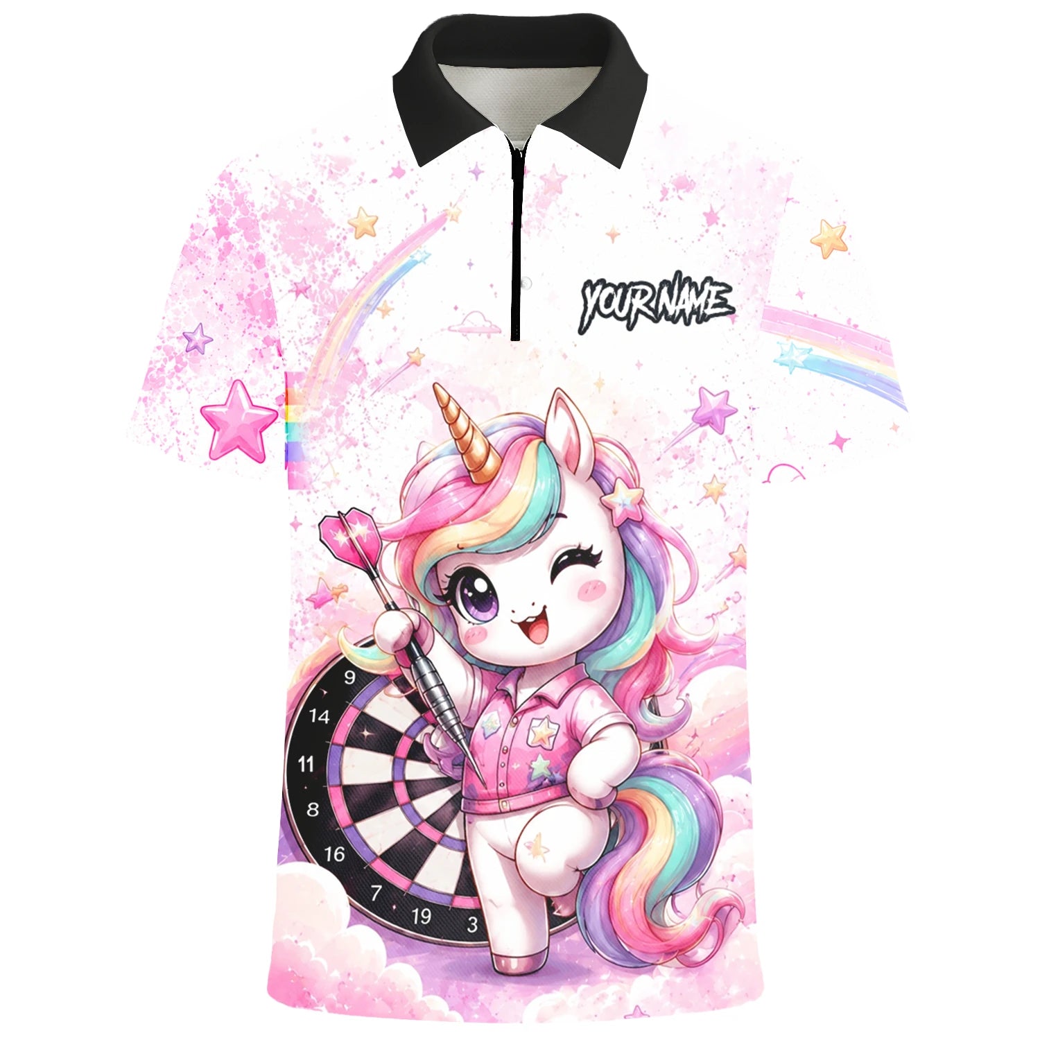 Personalised Pink & White Rainbow Unicorn Darts Shirt For Men F188