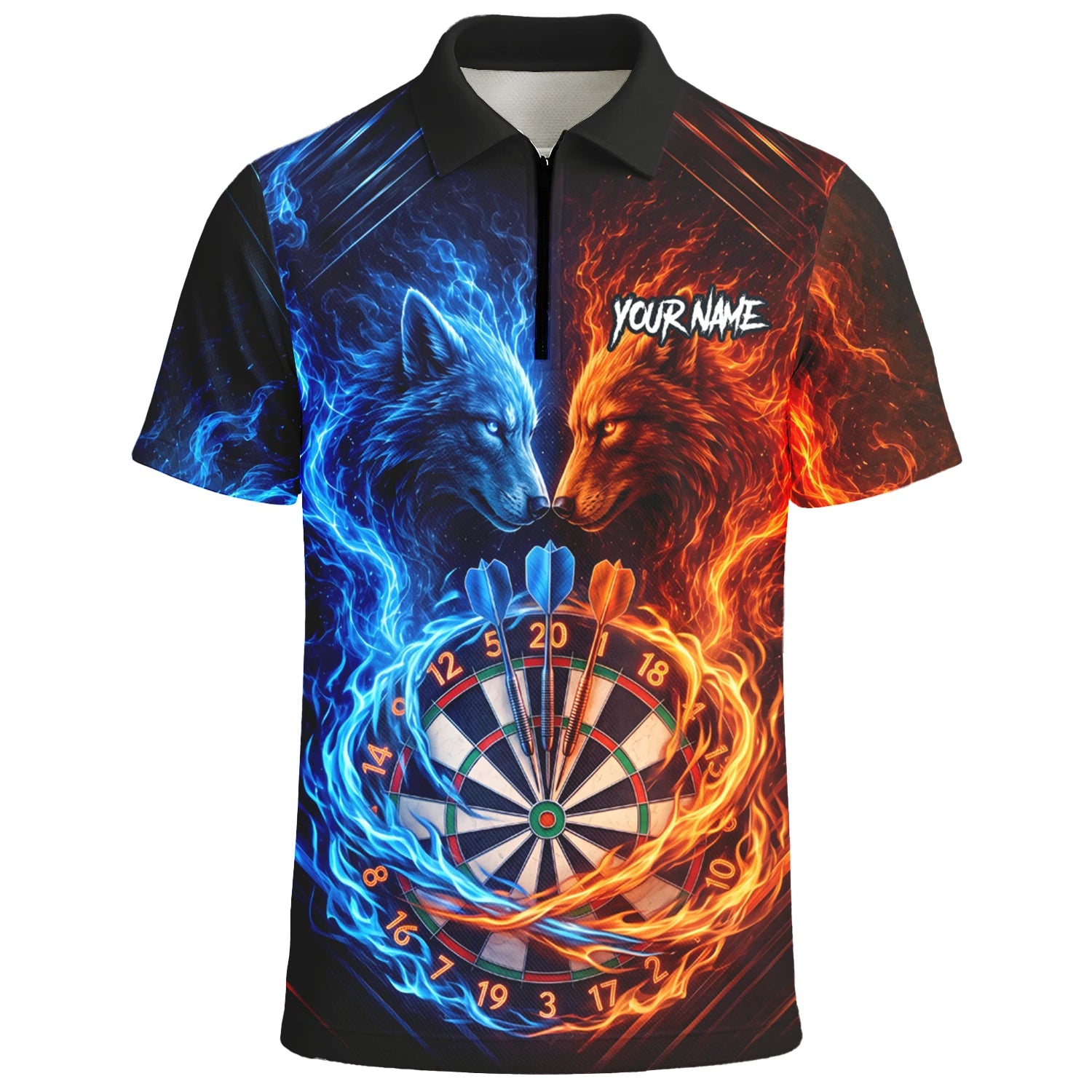 Personalised Blue & Orange Wolf Flame Dartboard Darts Shirt For Men A749