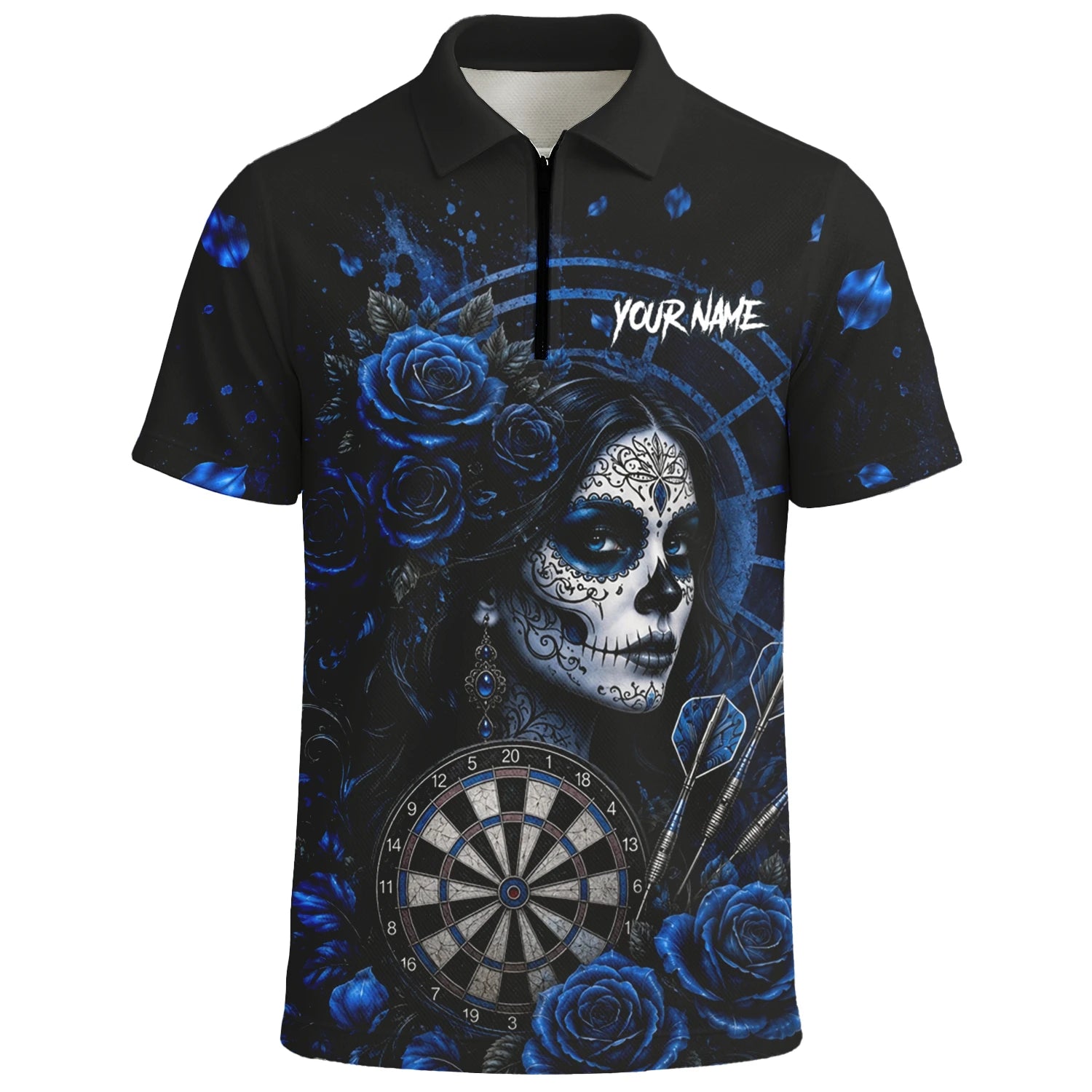 Personalised Black & Blue Sugar Skull Roses Darts Shirt For Men I884
