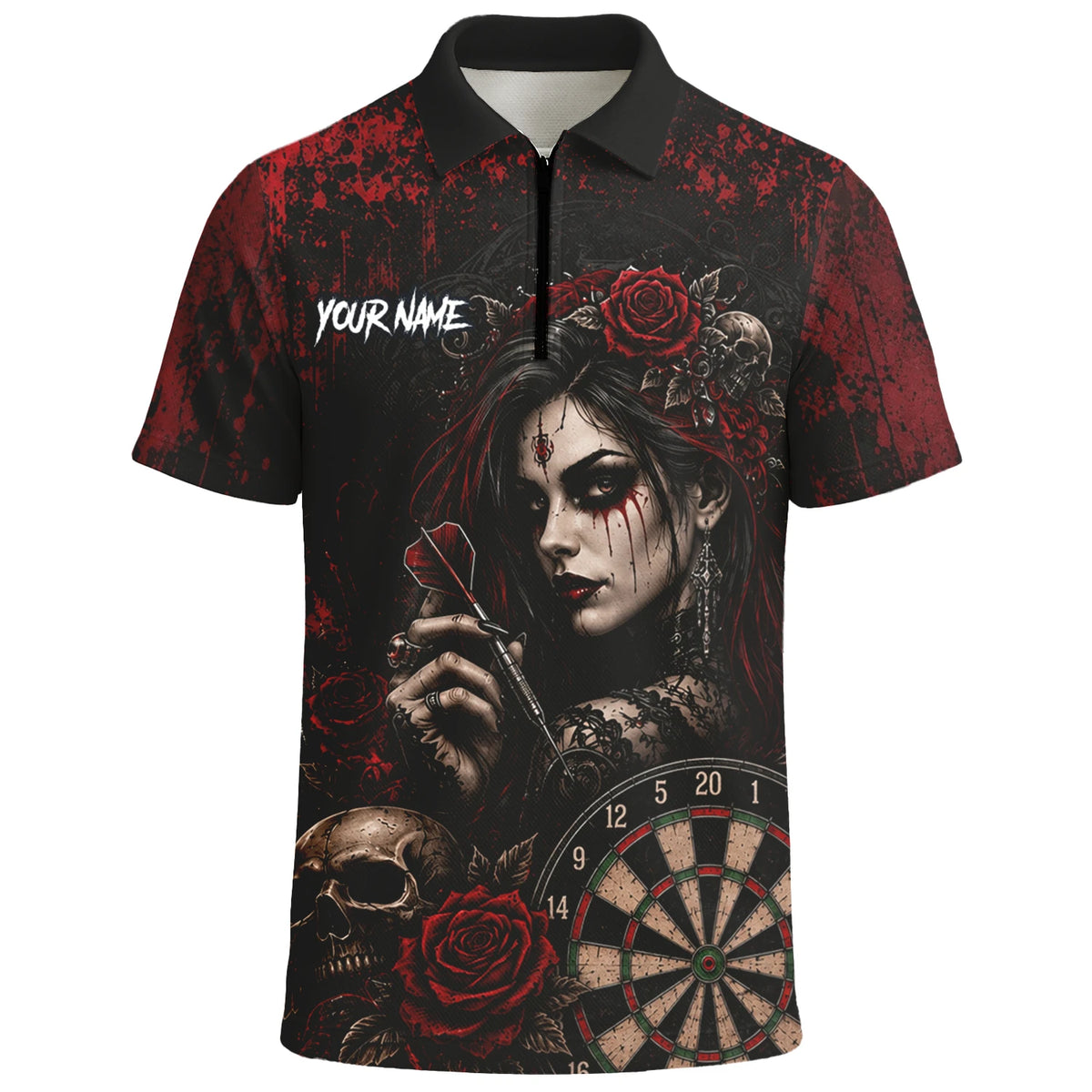 Personalised Black & Red Gothic Woman Skull Darts Shirt For Men W035