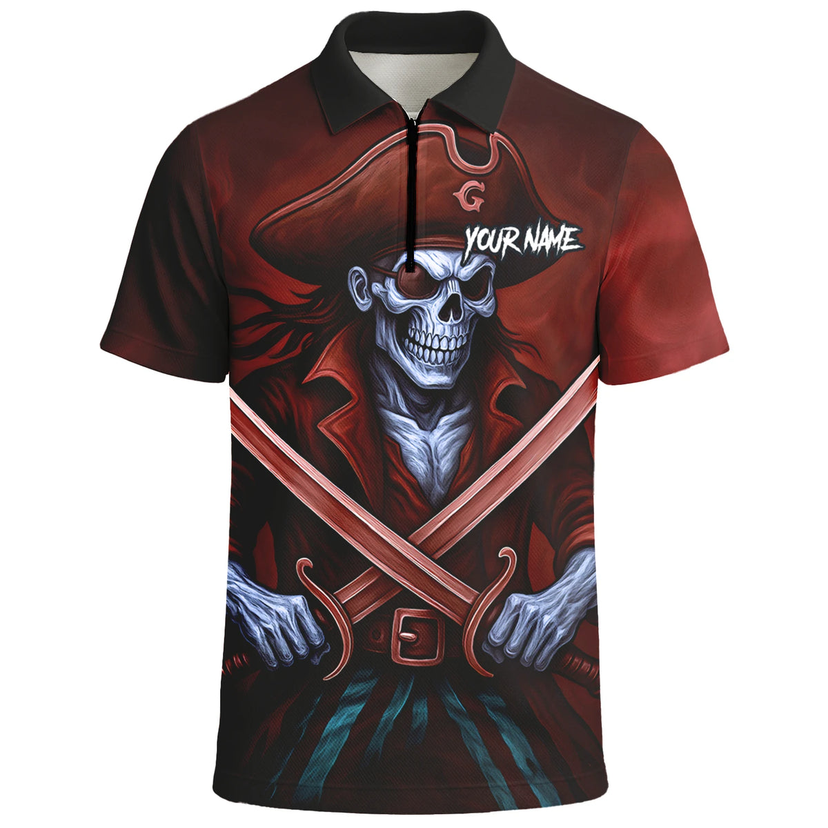Personalised Red & Black Pirate Skull Crossed Swords Darts Shirt For Men TR8209