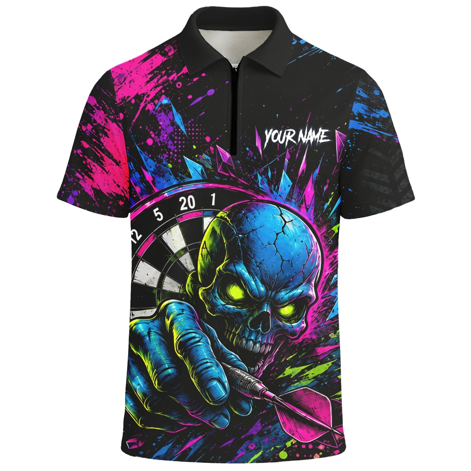 Personalised Neon Blue Green & Pink Skull Dartboard Darts Shirt For Men S232