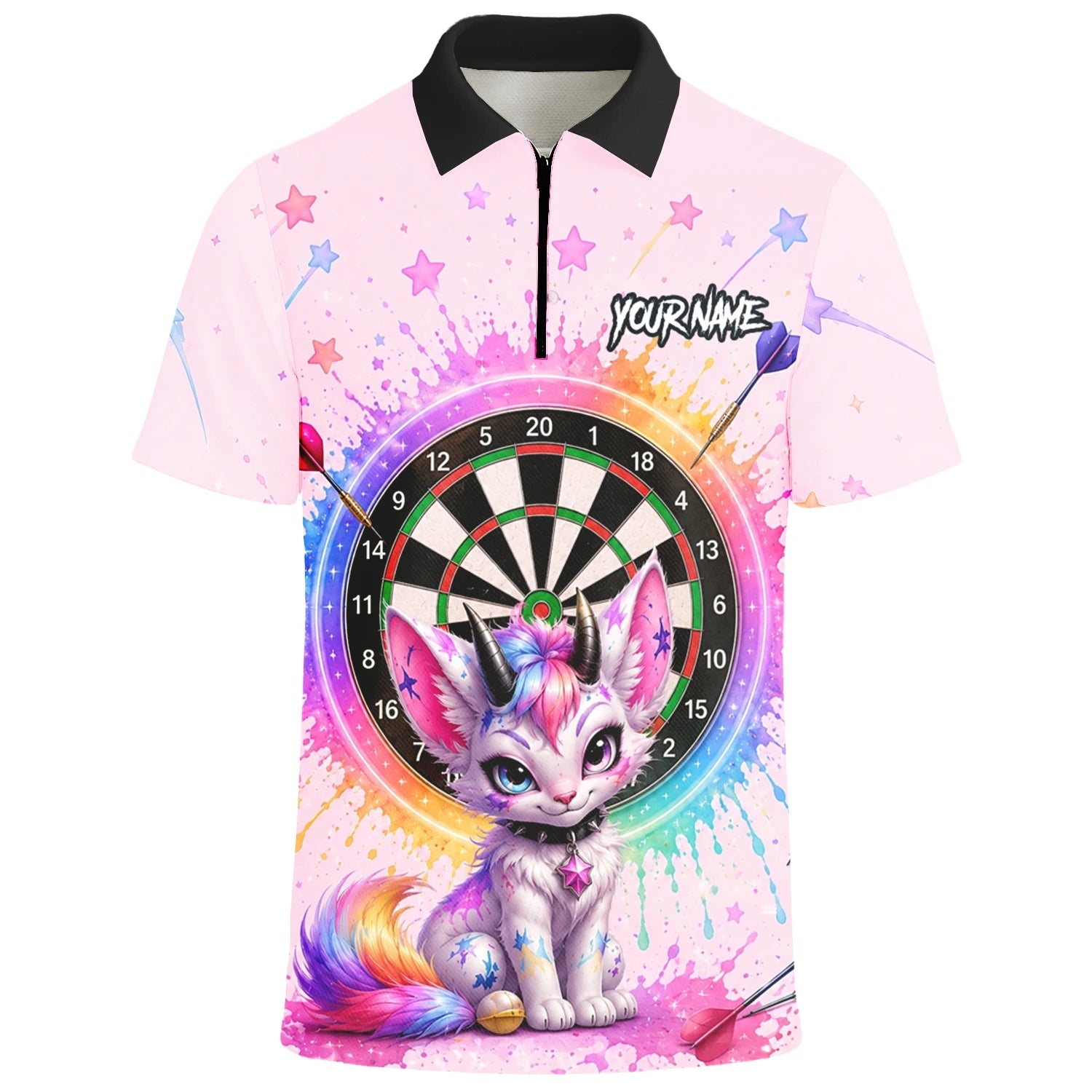 Personalised Pink & Rainbow Fantasy Cat Unicorn Darts Shirt For Men X398