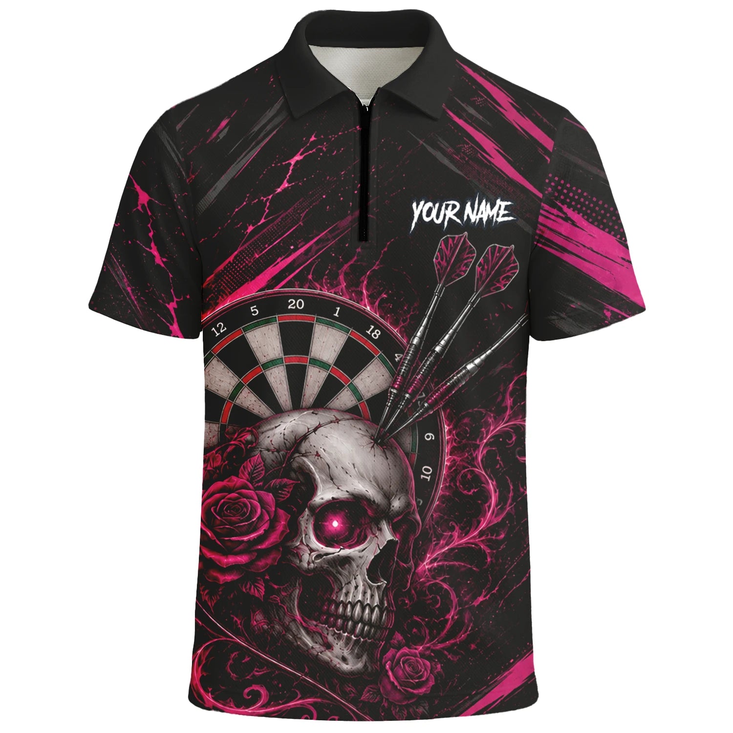 Personalised Black & Pink Skull and Roses Darts Shirt For Men V308