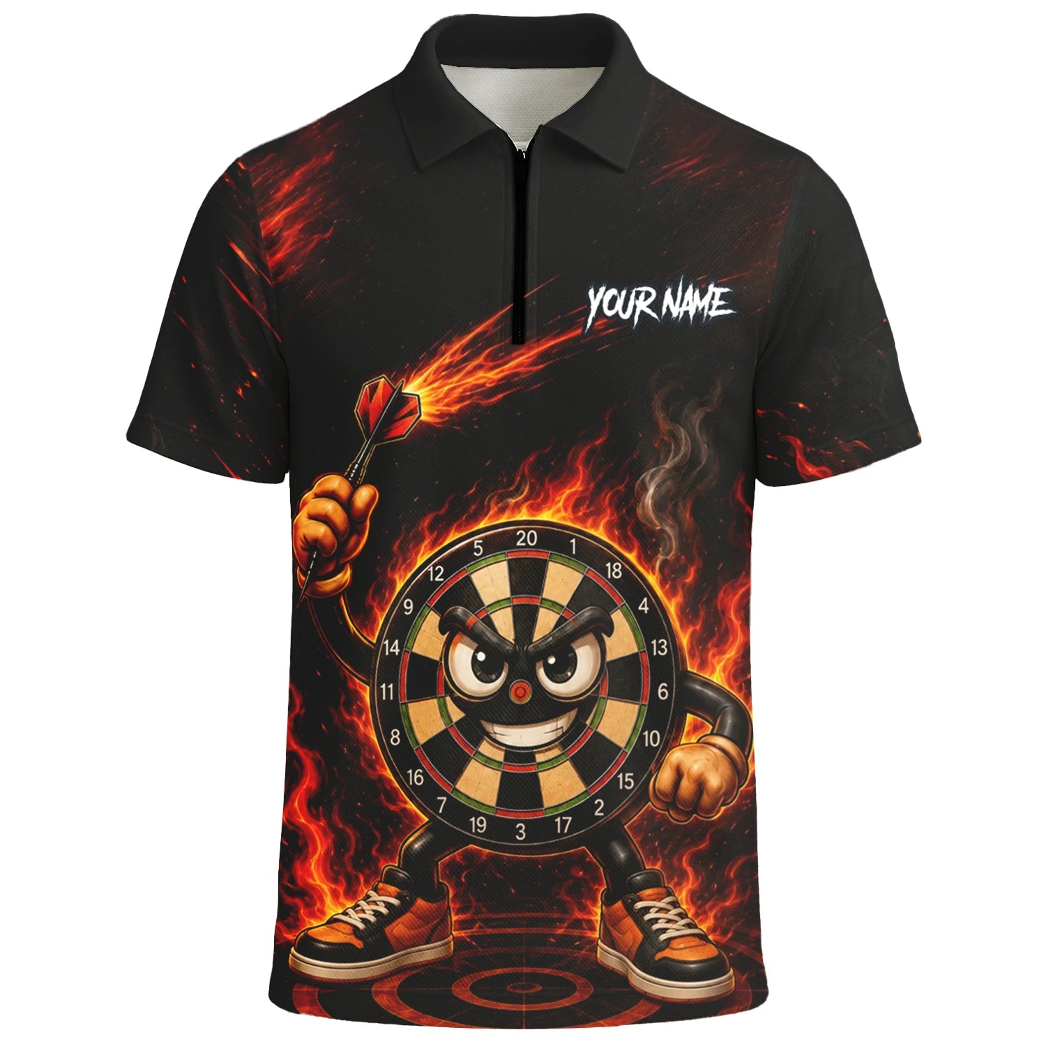 Personalised Black & Red Fiery Dartboard Character Darts Shirt For Men W224