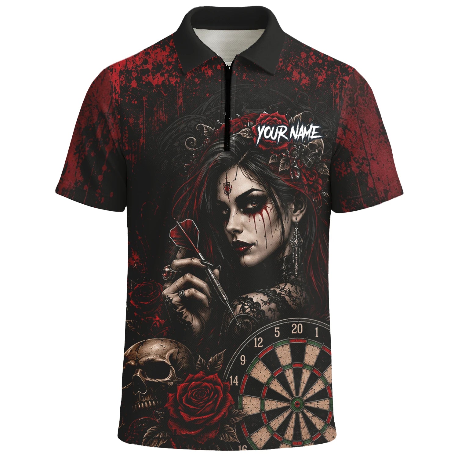 Personalised Black & Red Gothic Woman Skull Darts Shirt For Men W035