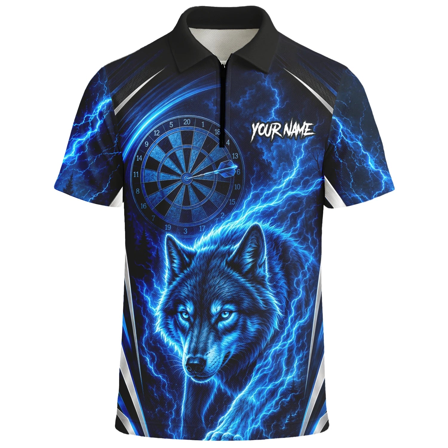 Personalised Black & Blue Wolf Lightning Darts Shirt For Men X929