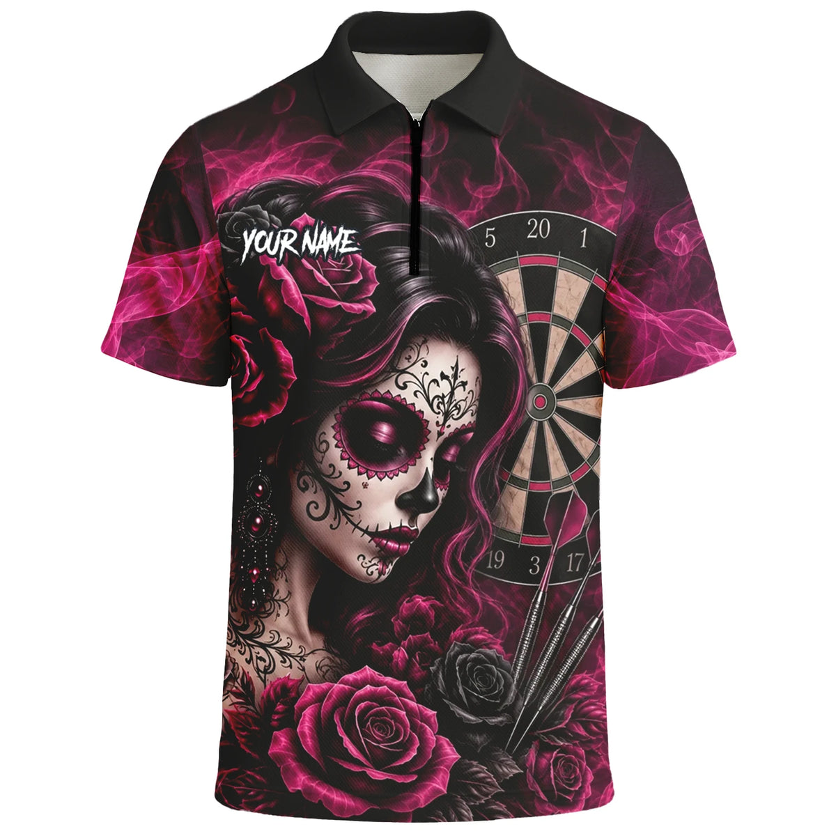 Personalised Black & Pink Sugar Skull Roses Darts Shirt For Men Z109