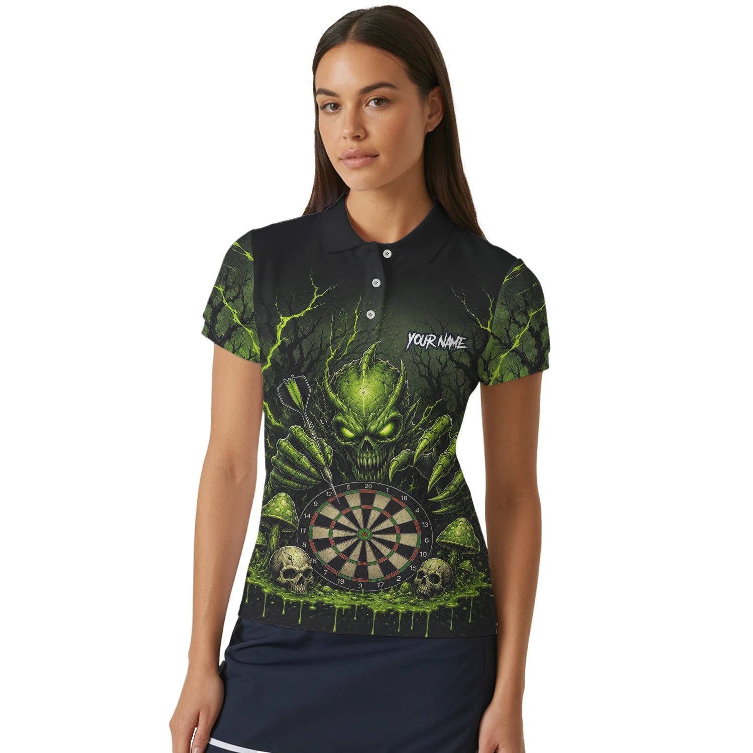 Personalised Black Green Monster Skull Dartboard Darts Shirt For Women A277