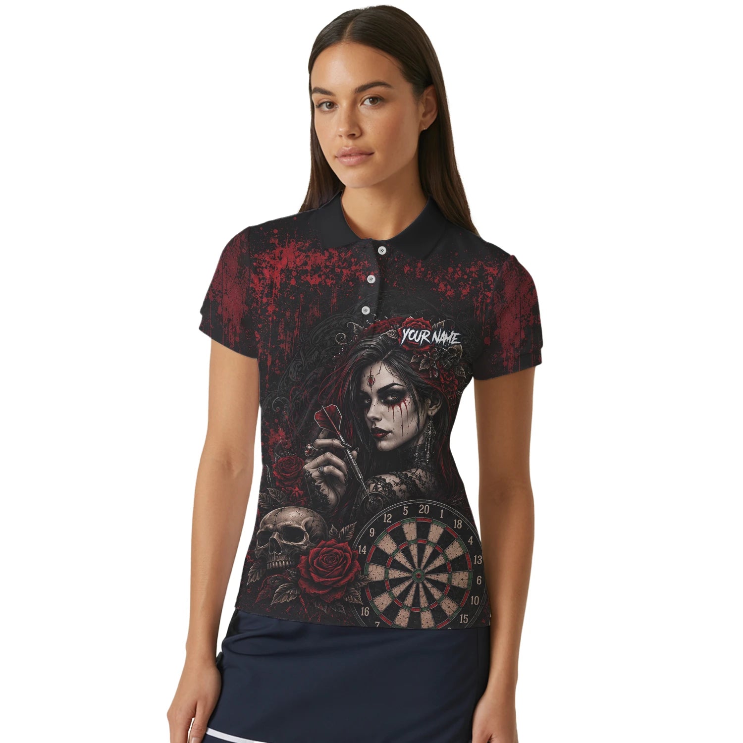 Personalised Black & Red Gothic Woman Skull Darts Shirt For Women W035