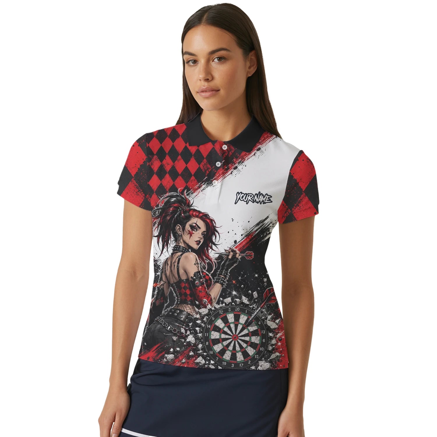 Personalised Red & Black Gothic Harlequin Darts Polo Shirt For Women K572