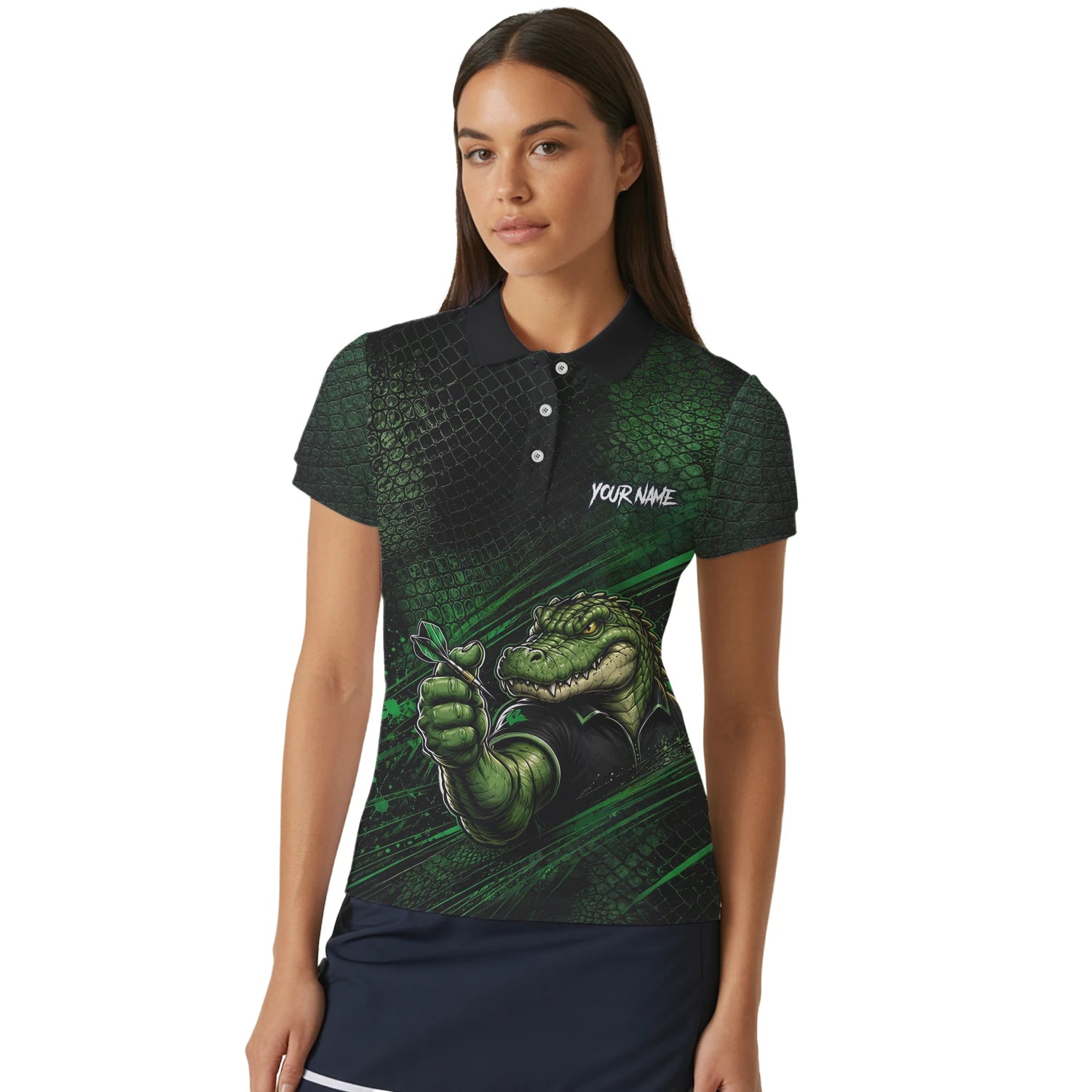 Personalised Black & Green Crocodile Darts Player Shirt For Women I987