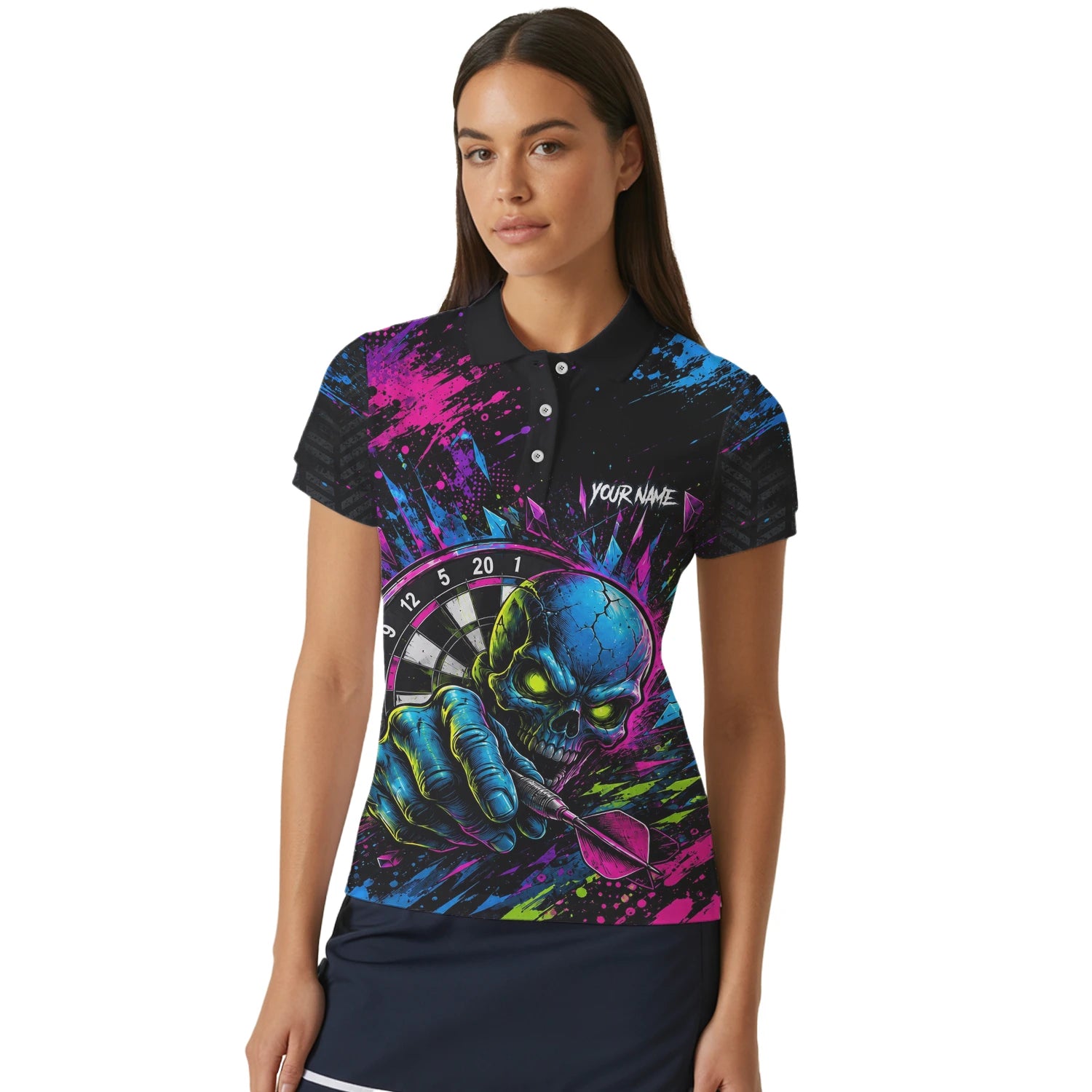Personalised Neon Blue Green & Pink Skull Dartboard Darts Shirt For Women S232