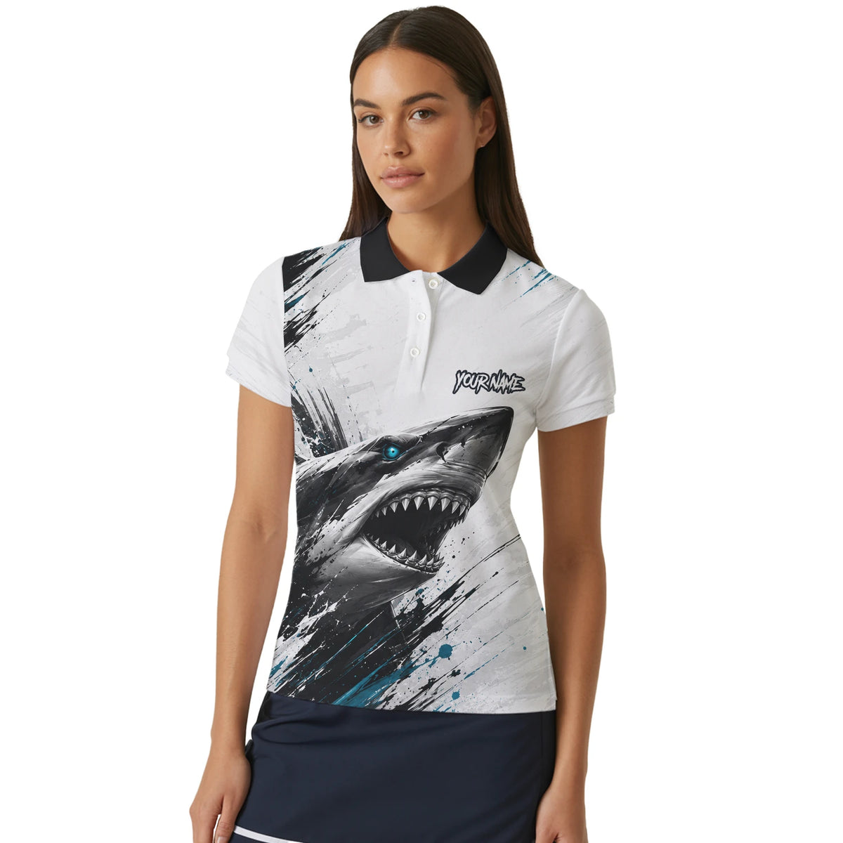 Personalised White Black Teal Shark Darts Shirt For Women D067