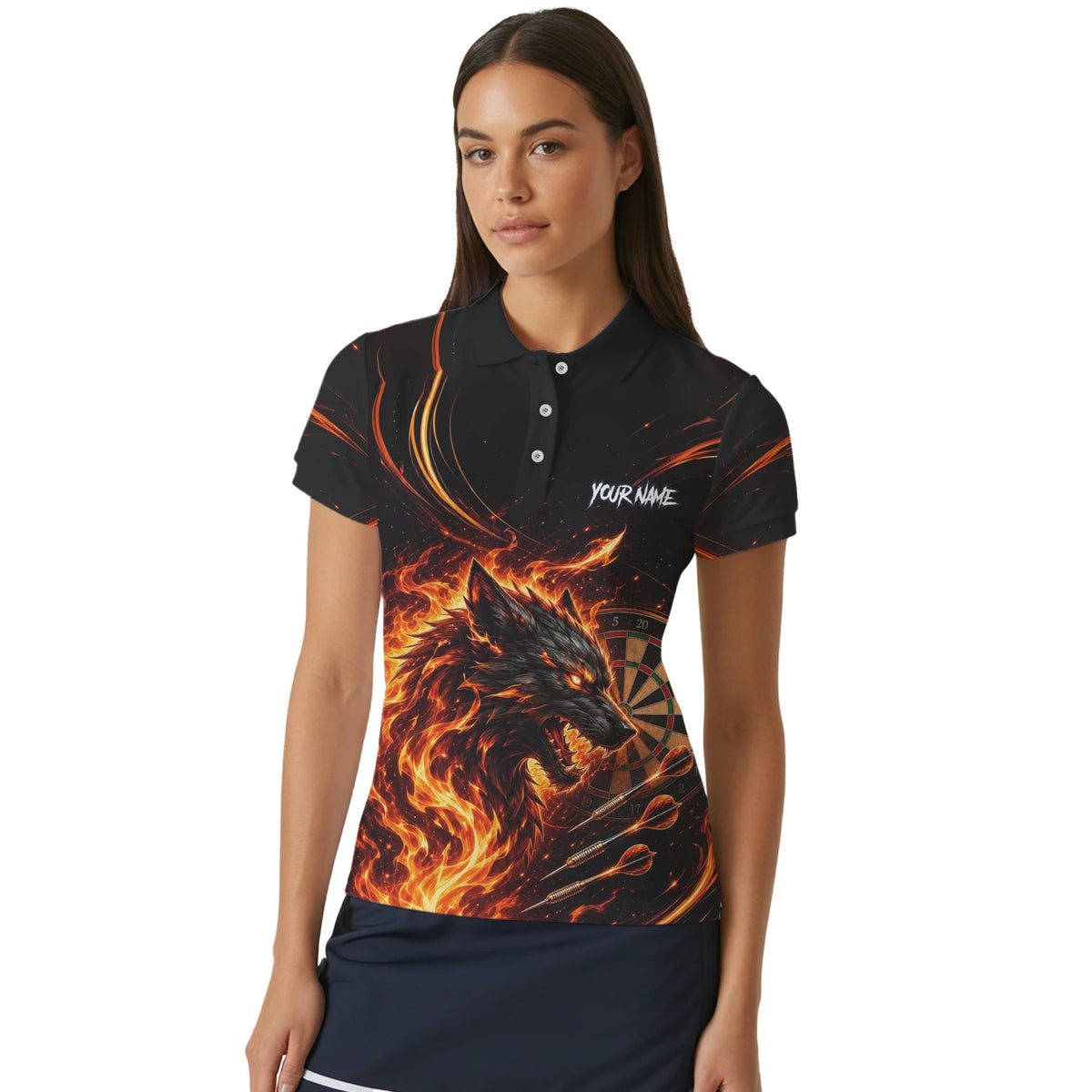 Personalised Flaming Wolf Darts Polo Shirt For Women W521