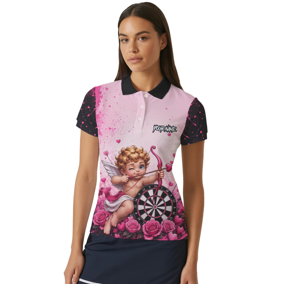 Personalised Pink & Black Cupid Dartboard Darts Shirt For Women I643
