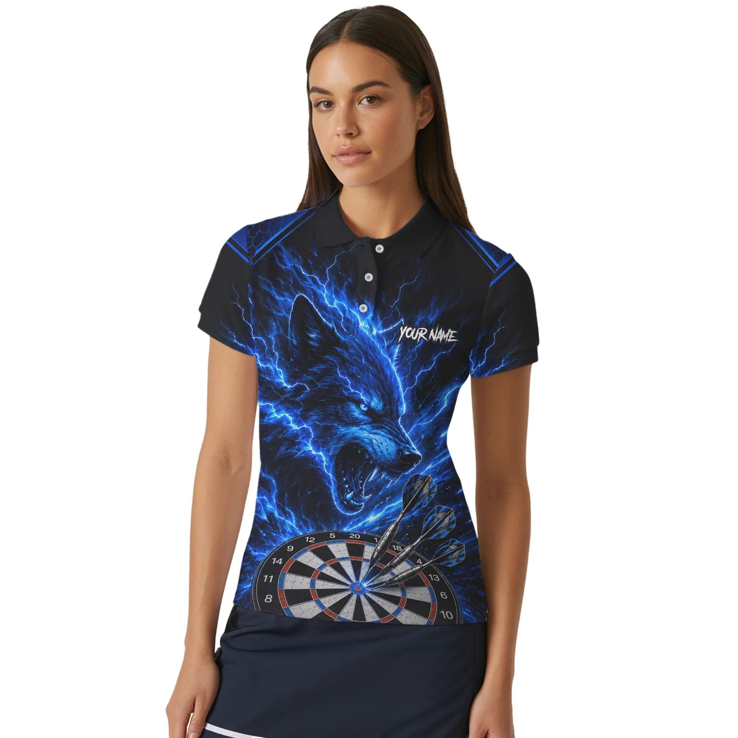 Personalised Black & Blue Wolf Lightning Darts Shirt For Women Y375